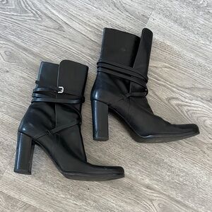 Jil Sander Black Leather Wrap-Strap Block Heel Ankle Boots